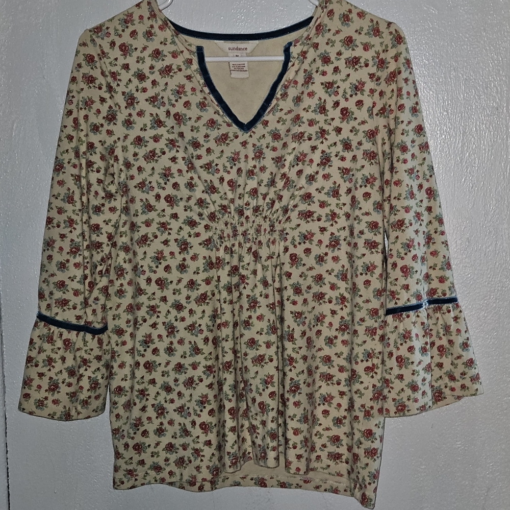 Sundance Floral Bell Sleeve Top With Velvet Accents